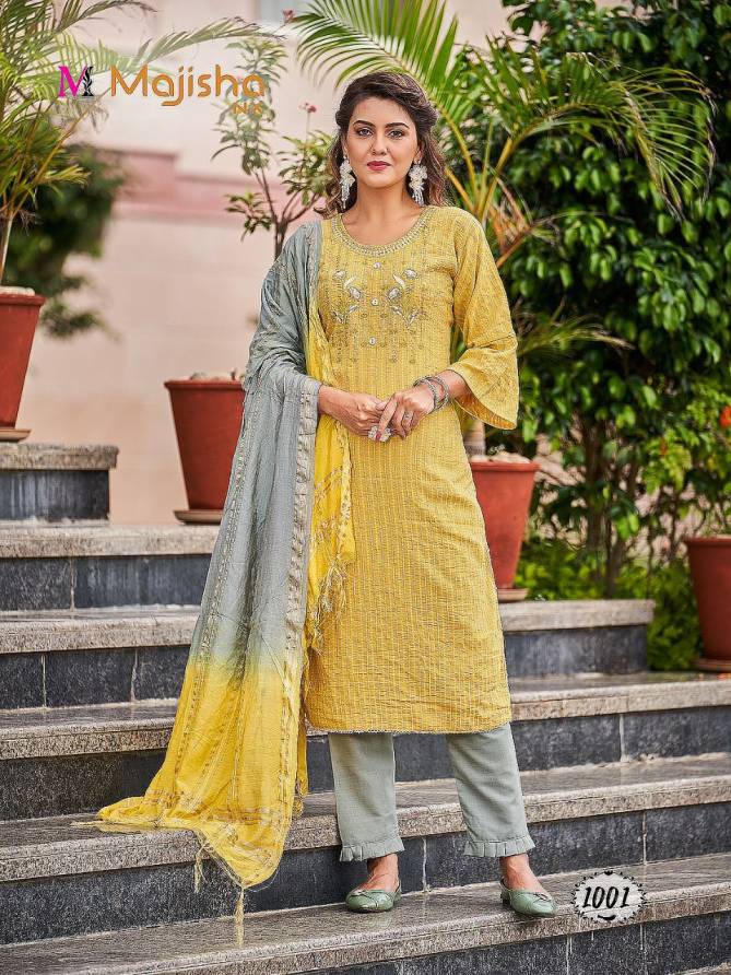 Majisha Nx Alexa Heavy Rayon Fancy Wear Designer Kurti Pant With Dupatta Collection